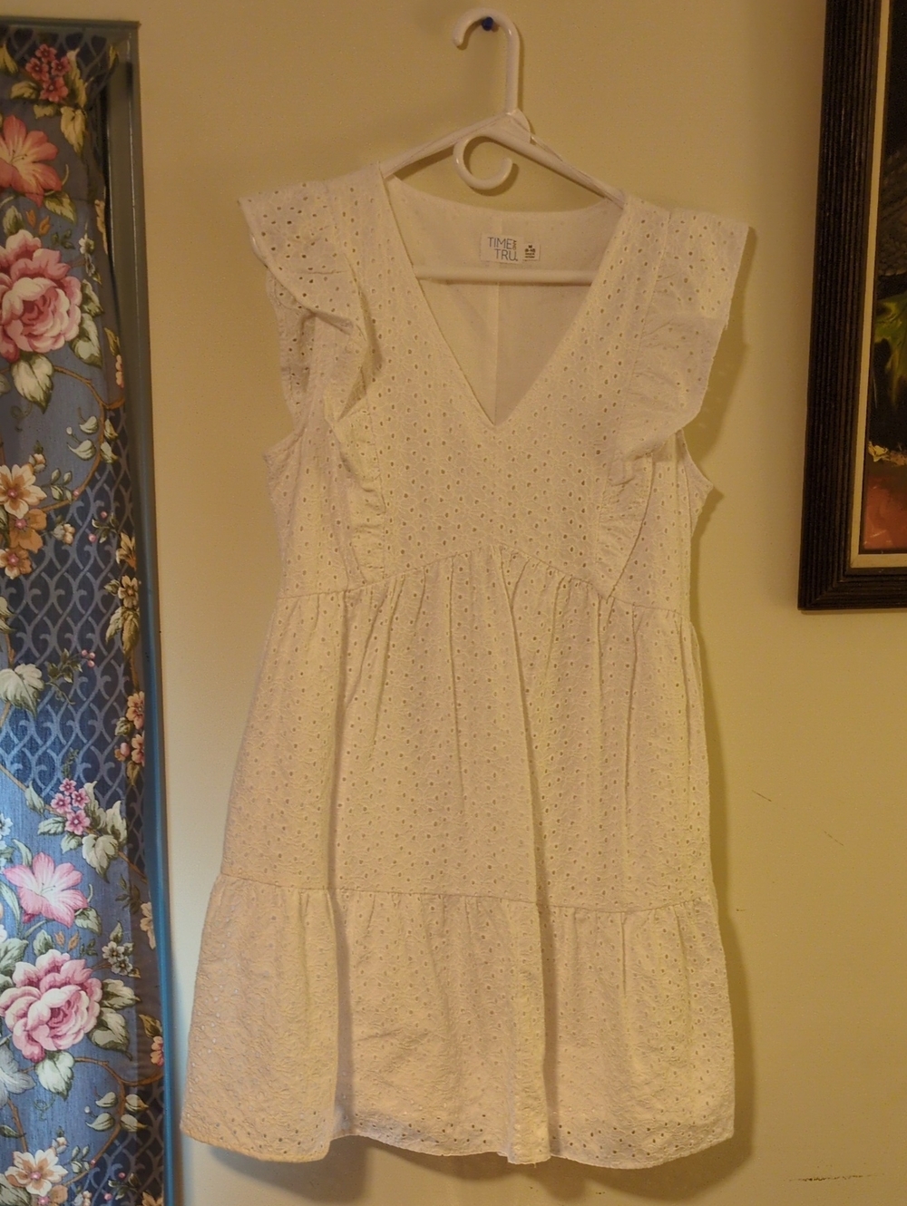 Time and Tru White Eyelet V-Neck Tiered Ruffle Mini Dress